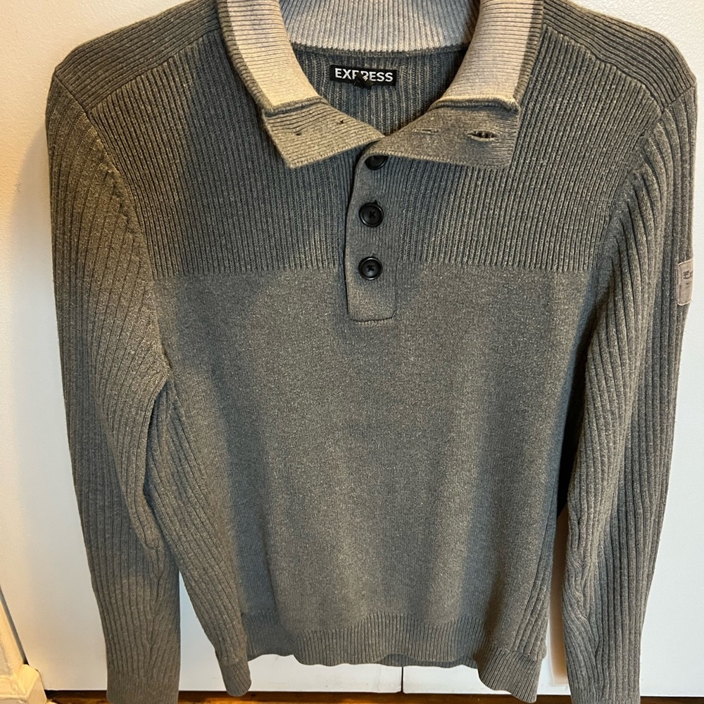 Express Gray Sweater with Large Buttons and Ribbed collar Sz Medium